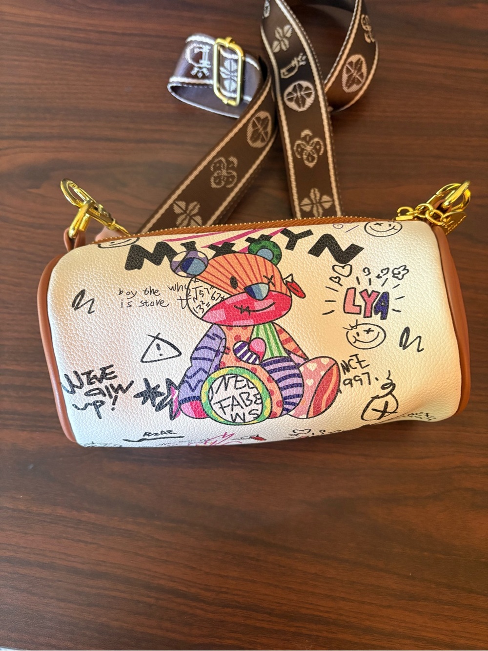 Cream Graffiti Teddy Crossbody Bag with Detachable Printed Strap